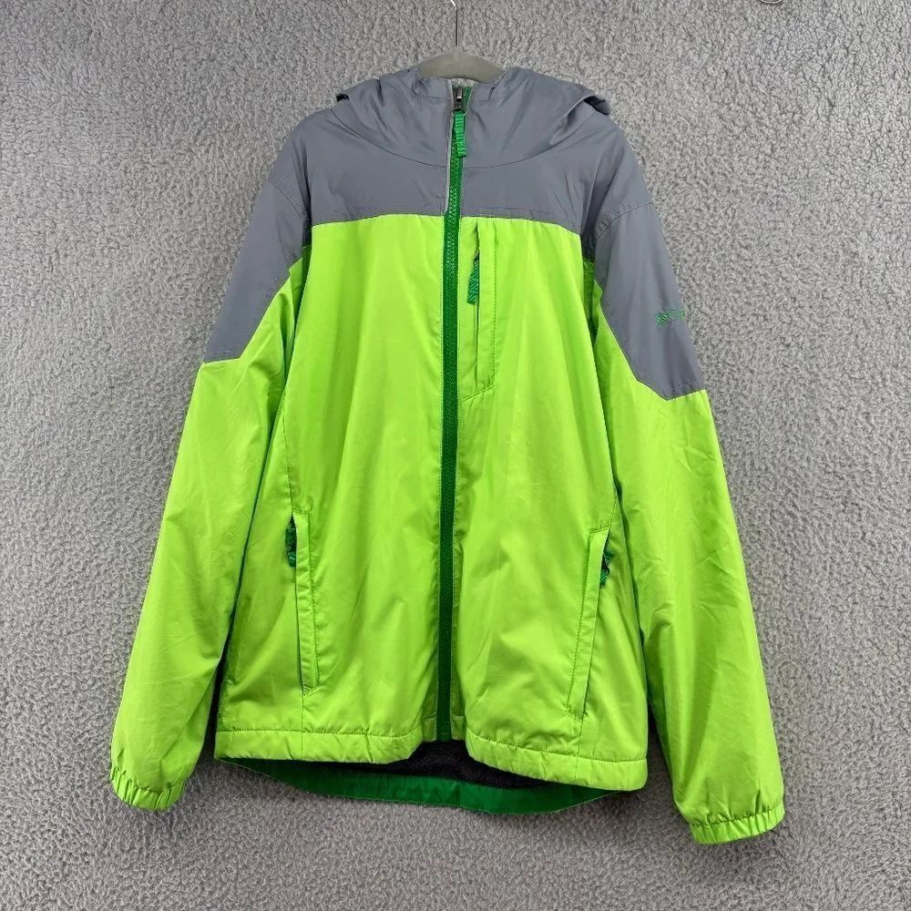 Columbia Hooded Jacket Boys Medium Fleece Lined Green Gray Outdoor Ski snow